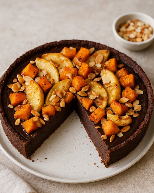 Tarte au Chocolat ohne Mehl - Rezept mit Topping (Kürbis-Honig-Apfel-Mandeln)