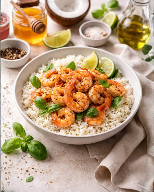 Honig-Kokos-Reis mit gebratenen Garnelen